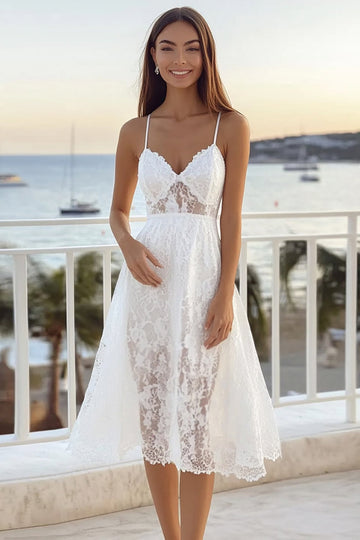 White Lace A Line Spaghetti Straps Midi Graduation Dress